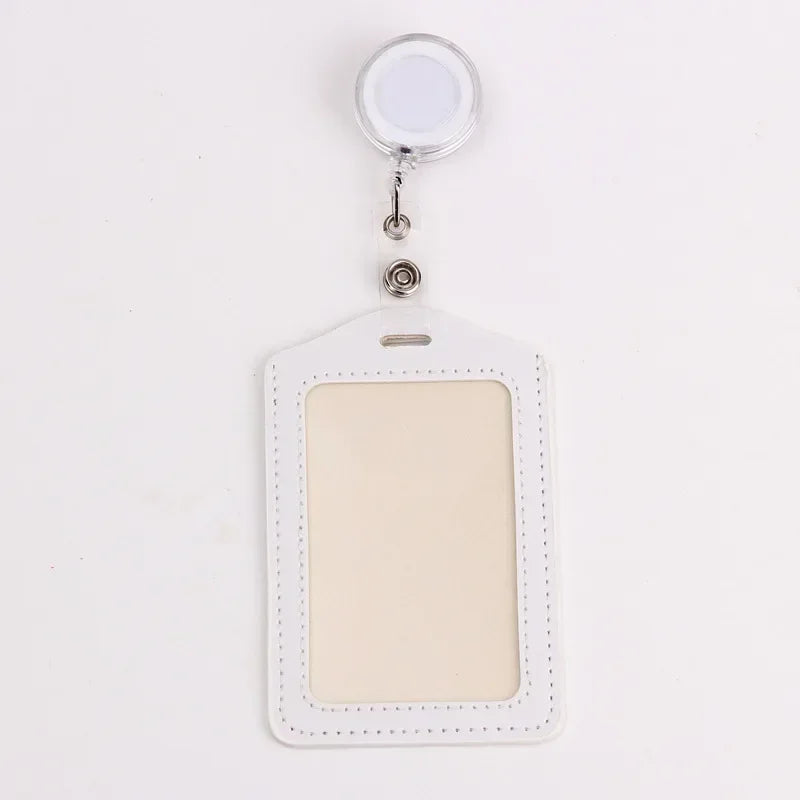 A white PU leather retractable ID card holder with a clear plastic reel attached.