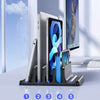 A black organizer holds five devices including a laptop and smartphone in a vertical stand design.