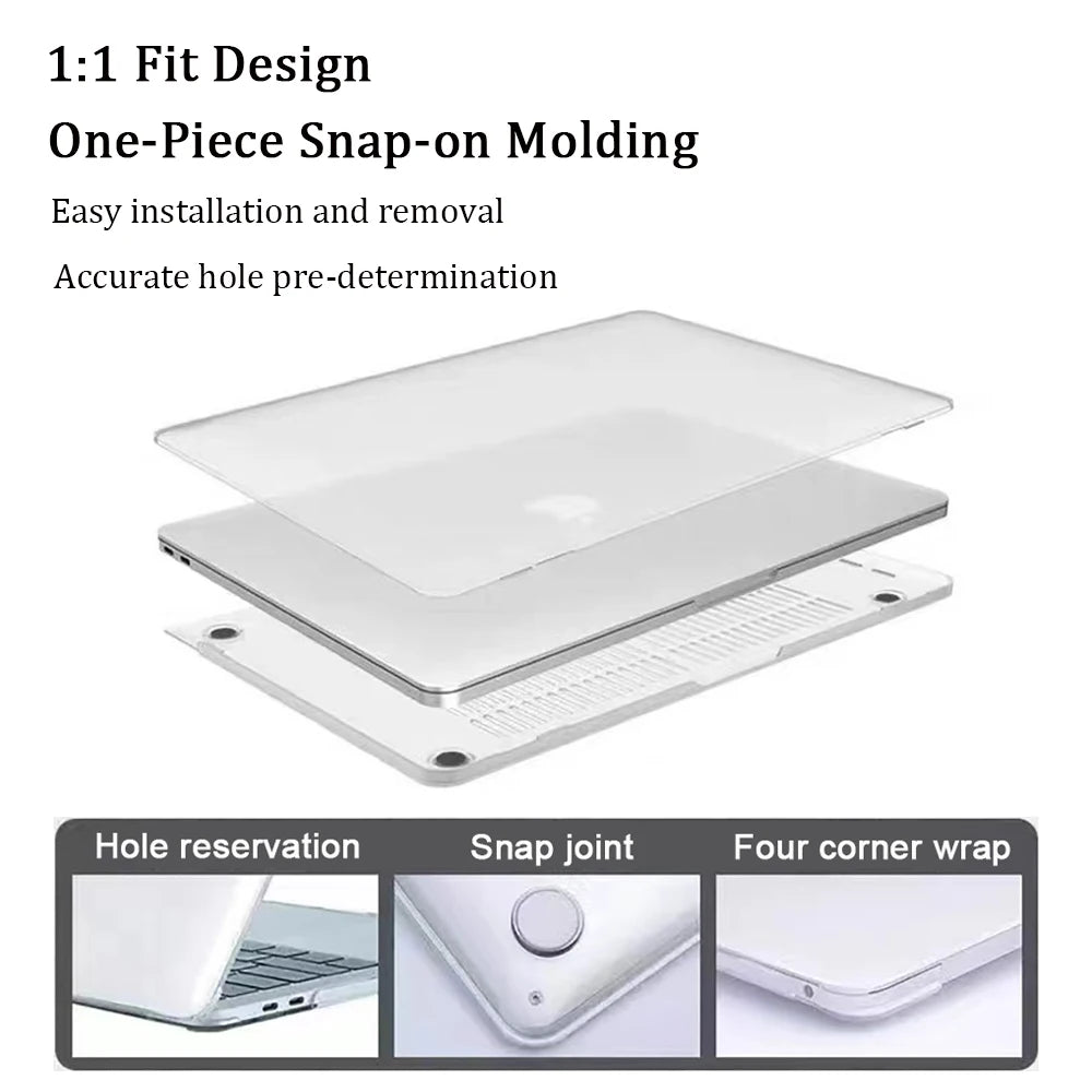 A clear hard shell laptop case with a keyboard cover and screen protector showing various fit designs.
