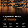 A black metal keyboard rack displaying mechanical keyboards with various accessories.