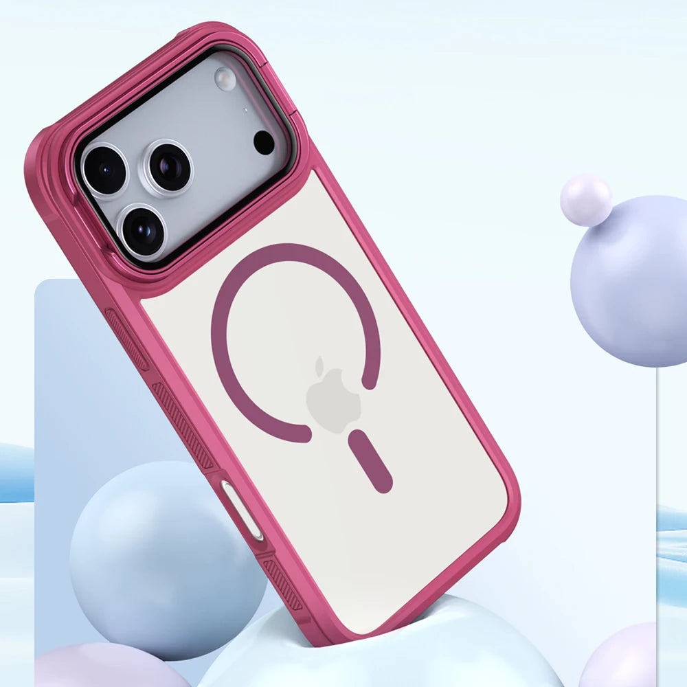 A pink magnetic shockproof iPhone case with camera lens protection is shown against a white background.