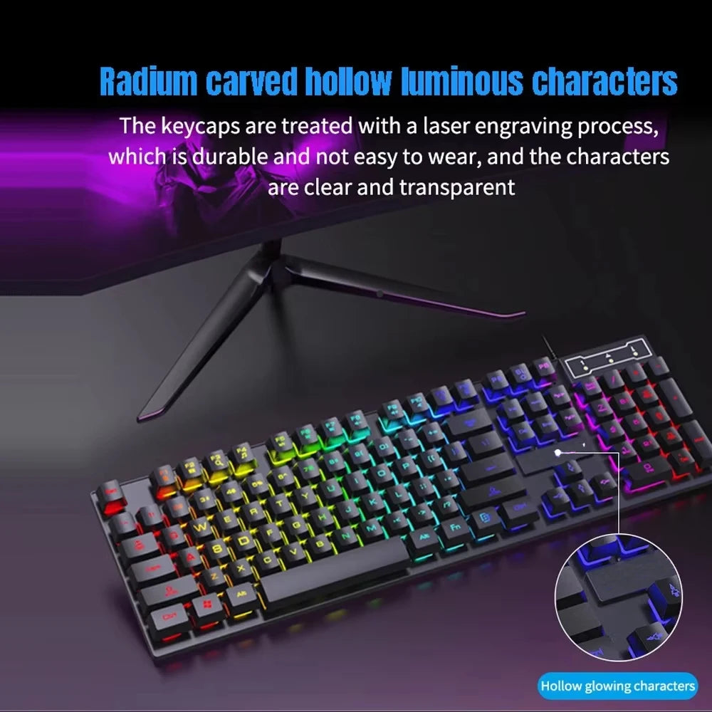 An RGB wired gaming keyboard with 104 keys featuring radium carved hollow luminous characters.