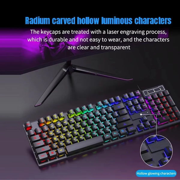 An RGB wired gaming keyboard with 104 keys featuring radium carved hollow luminous characters.