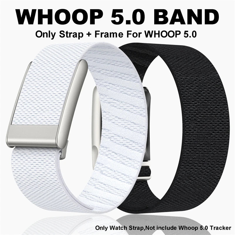 White and black silicone braided straps for the Whoop 5.0 band, shown next to a watch frame.