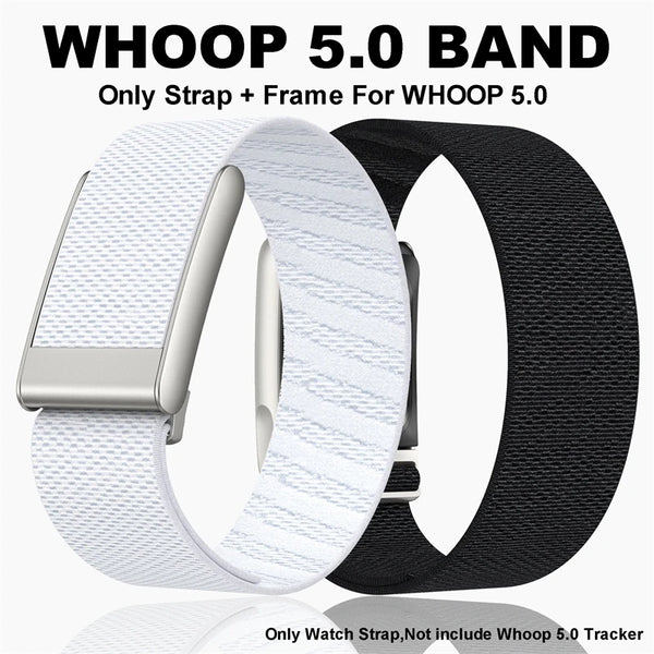 White and black silicone braided straps for the Whoop 5.0 band, shown next to a watch frame.