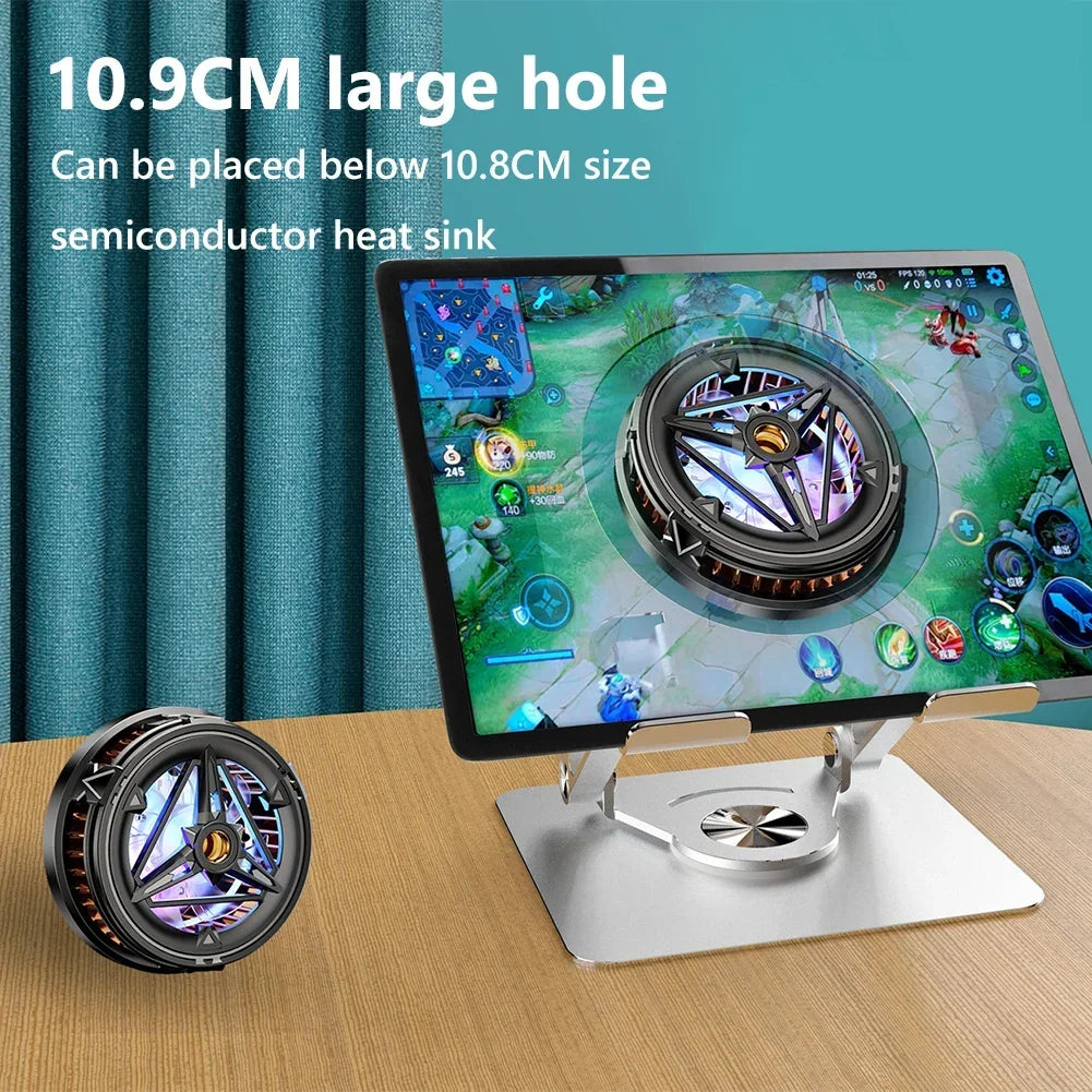 A 360° rotating foldable tablet and phone stand is shown next to a laptop displaying a game, with text indicating a 10.9cm la