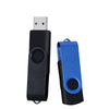 A black and blue rotatable USB flash drive with a metal connector and a sliding mechanism.