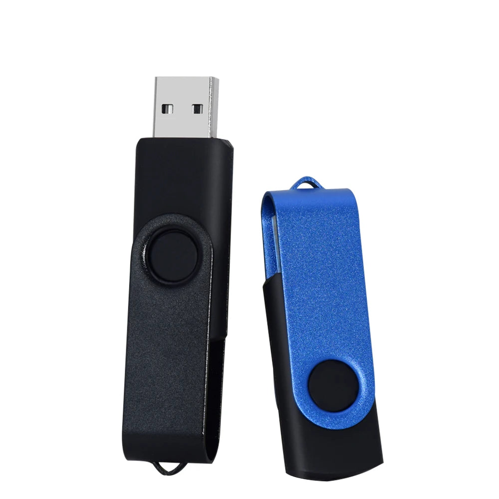 A black and blue rotatable USB flash drive with a metal connector and a sliding mechanism.