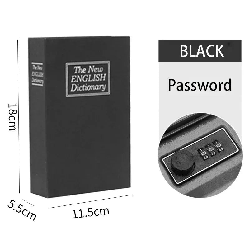 A black mini secret cash storage box with a password lock and a corresponding key.