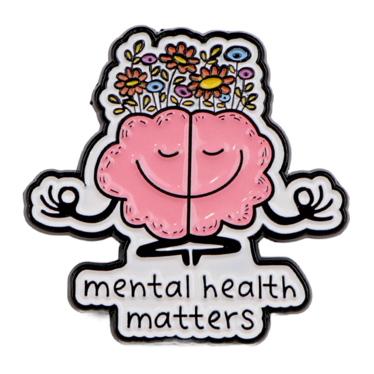 Enamel pin featuring a pink brain with flowers and the text mental health matters