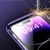 A close-up shot of an iPhone screen being protected by a tempered glass screen protector, demonstrating its durability.