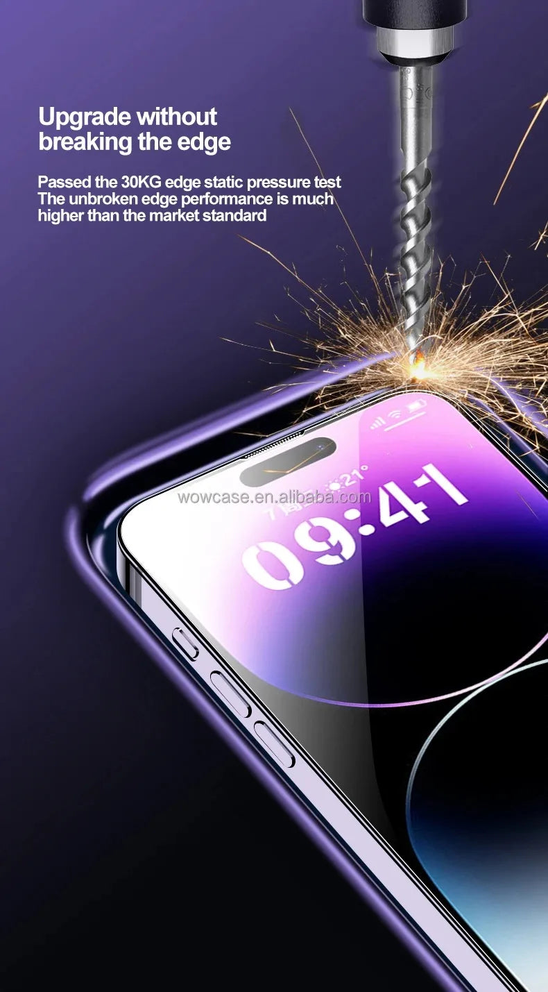 A close-up shot of an iPhone screen being protected by a tempered glass screen protector, demonstrating its durability.