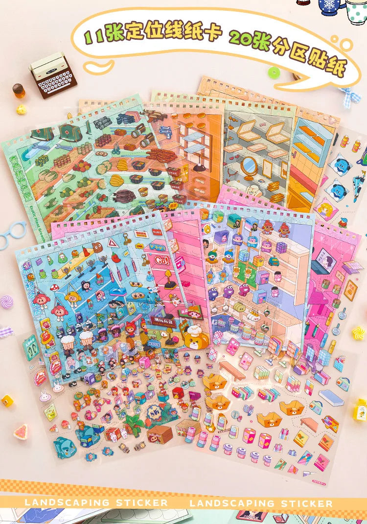 A set of 20 landscape stickers featuring a cute snack shop and DIY pocket cabin scene kit.