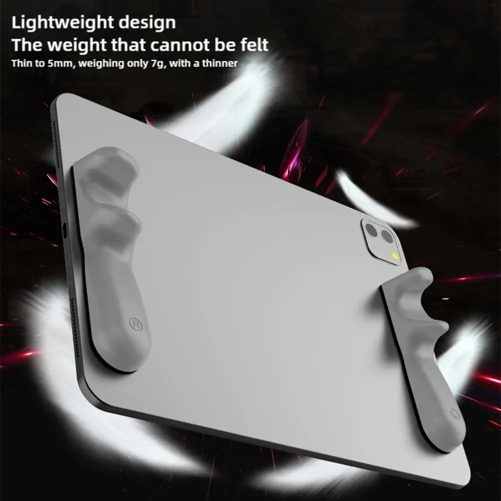 A lightweight silicone multi-finger gaming grip is shown on a silver tablet case.