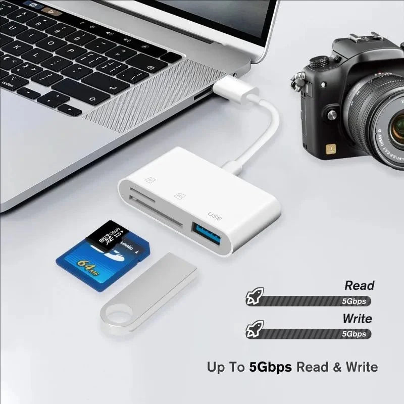 Un lector de tarjetas USB blanco junto a una laptop y una cámara, mostrando velocidades de lectura y escritura de hasta 5Gbps