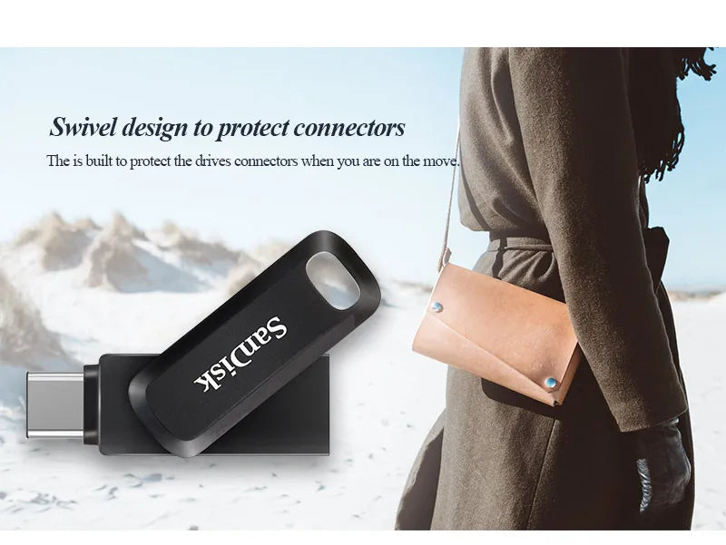 A close-up of a SanDisk drive connector designed to protect drives when in motion.