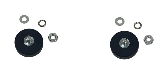A set of magnetic base mount brackets including a black circular plate and various metal rings and hex bolts.