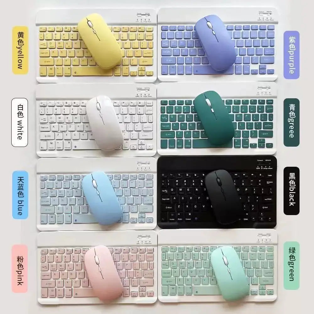 A collection of various colored Bluetooth keyboard and mouse combos displayed in a grid format.