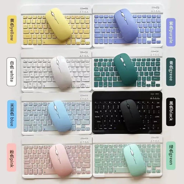 A collection of various colored Bluetooth keyboard and mouse combos displayed in a grid format.