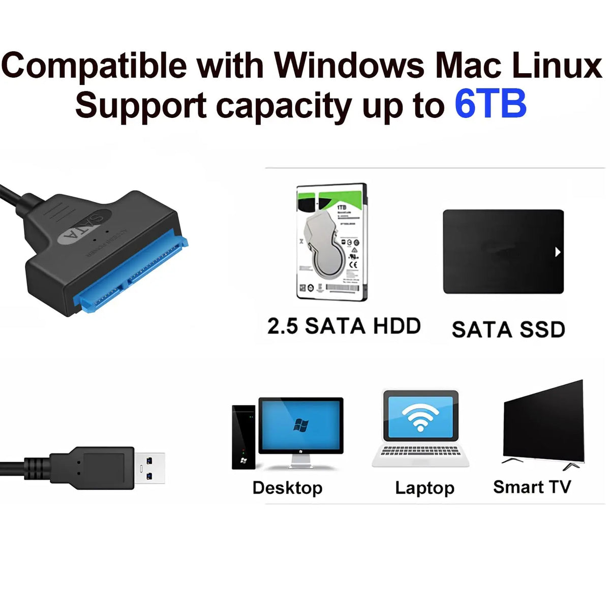 USB 3.0 to SATA adapter for connecting 2.5 inch SATA hard drives and SSDs to Windows, Mac, Linux devices.