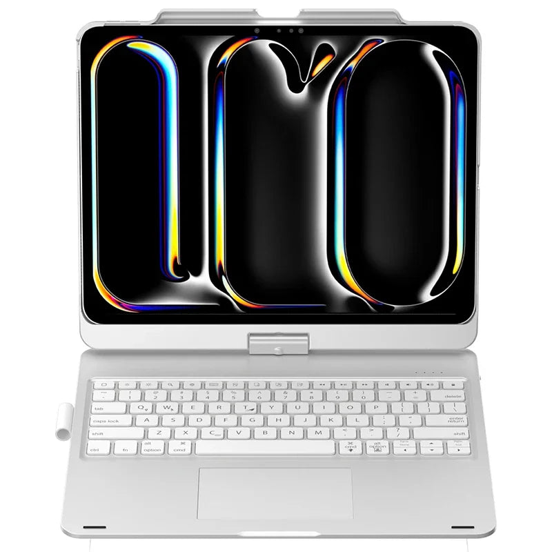 A white 360° rotating keyboard case with a trackpad for an iPad Pro or Air is shown open.