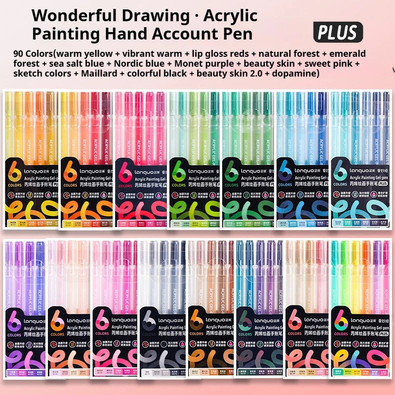 A set of multi-color acrylic painting gel pens featuring various colors like yellow, red, blue, and green.