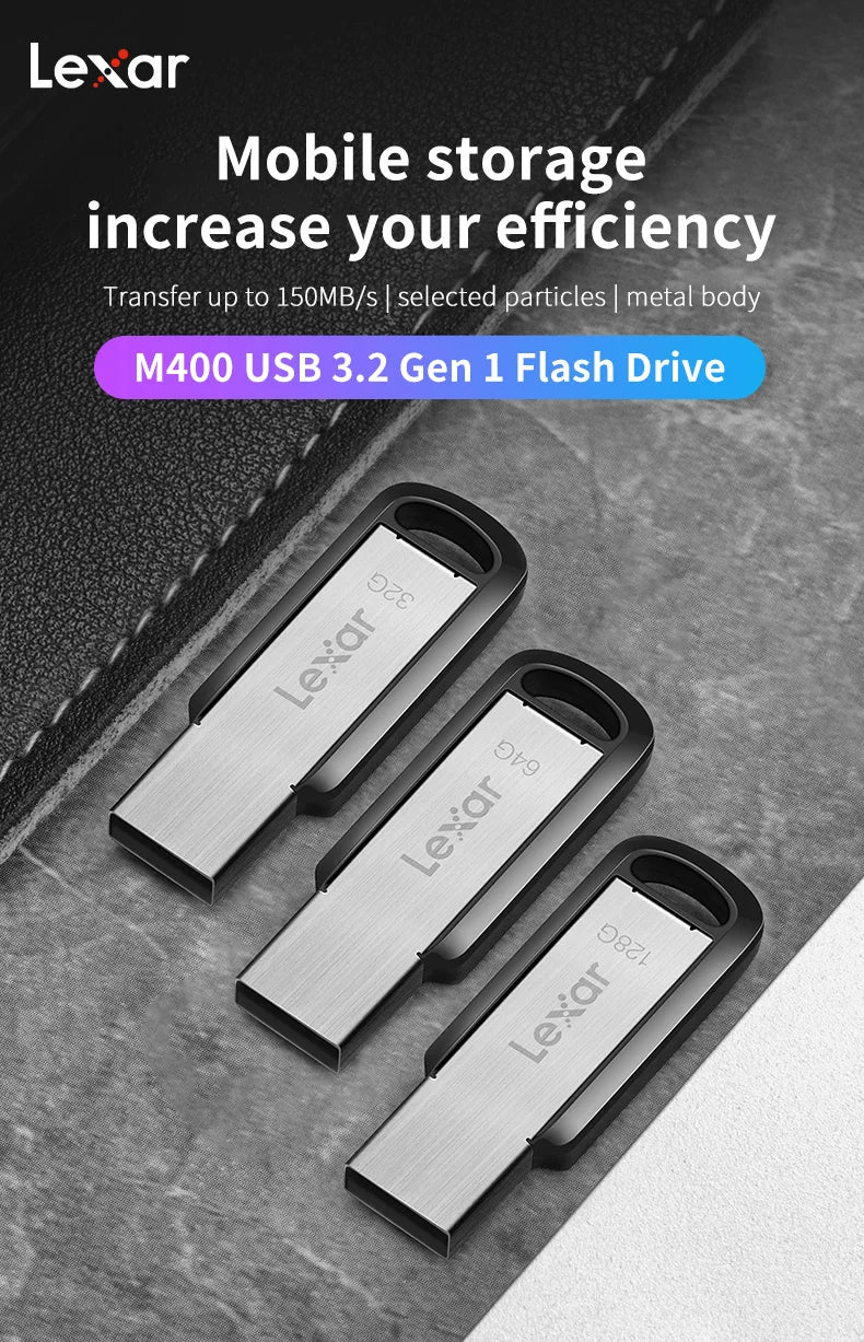 Three Lexar M400 USB 3.2 Gen 1 flash drives are displayed on a dark surface.