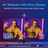 A 4K webcam with a Sony sensor is shown on a monitor, displaying a man in a yellow hoodie.