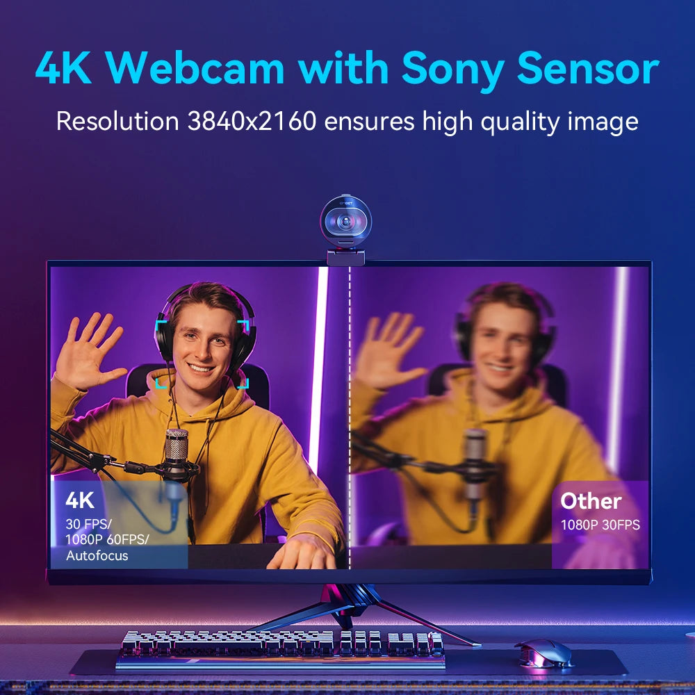 A 4K webcam with a Sony sensor is shown on a monitor, displaying a man in a yellow hoodie.
