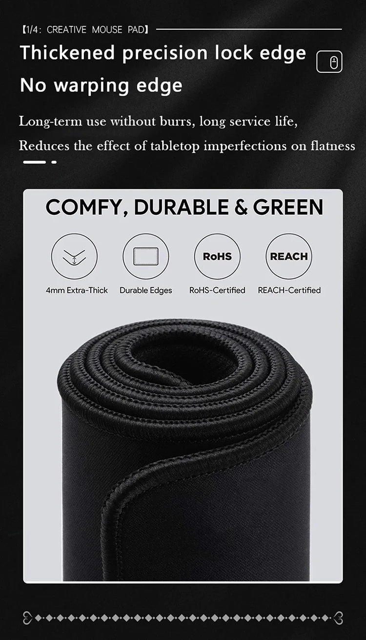 A close-up view of a black, thick, rolled desk mat with a precision lock edge and non-slip rubber base.