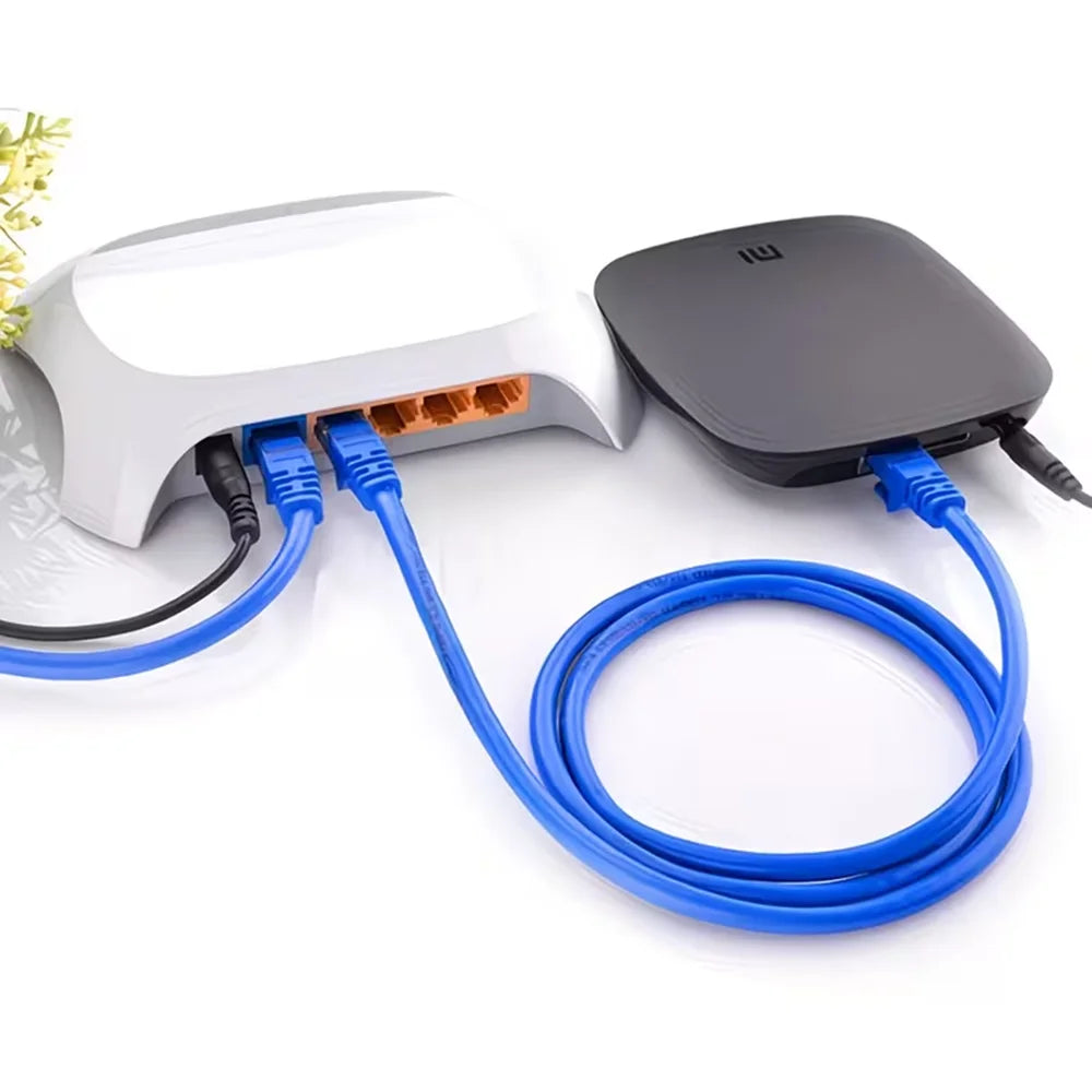 A white and black Ethernet patch cable with a connector for a device is shown on a white background.