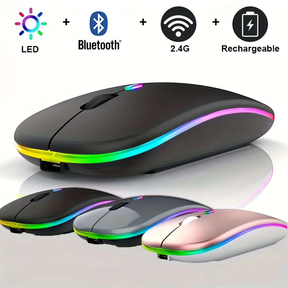 Schwarze ergonomische kabellose Gaming-Maus mit leuchtender RGB-Leiste, gezeigt aus verschiedenen Winkeln.