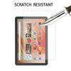 A tempered glass screen protector is being applied to a Fire HD 10 tablet, demonstrating scratch resistance.