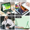 A green iPad 10th Gen with a detachable Bluetooth keyboard case shown in various usage contexts.