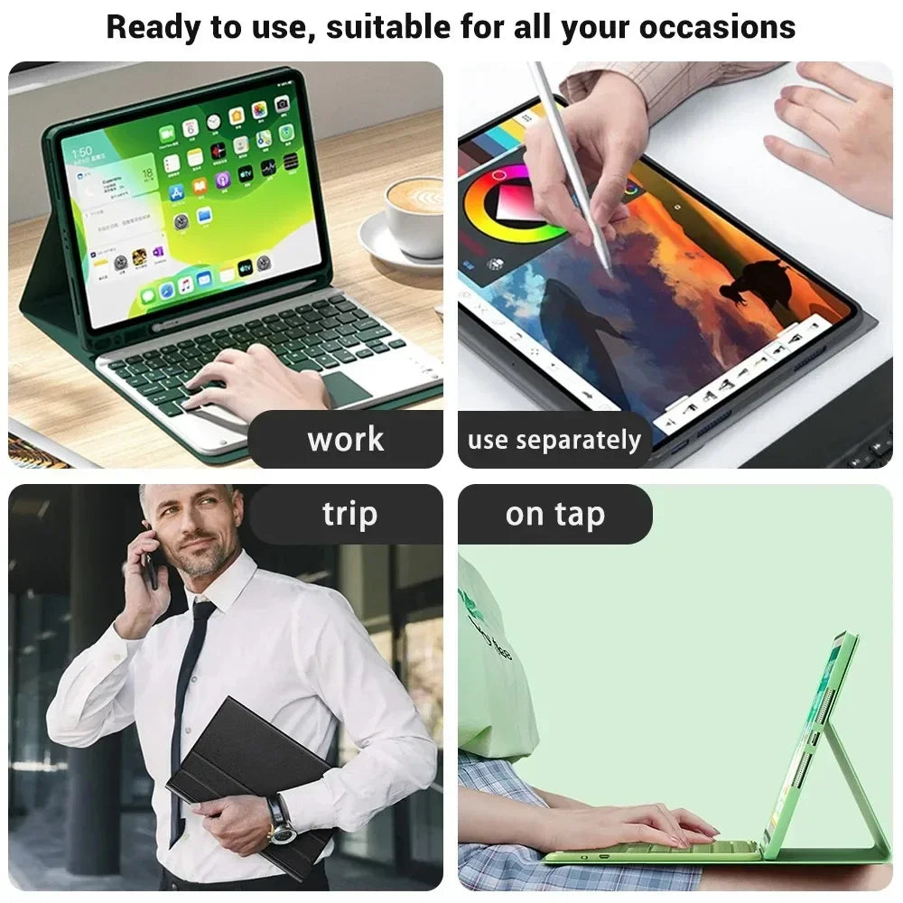 A green iPad 10th Gen with a detachable Bluetooth keyboard case shown in various usage contexts.