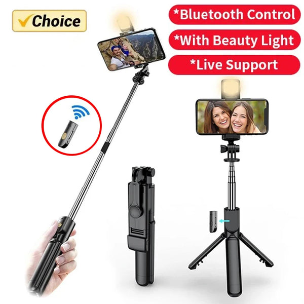 A black selfie stick tripod with a smartphone mount, LED beauty light, and Bluetooth remote control.