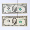 A pair of United States Federal Reserve notes, both valued at ten dollars, showing the denomination and serial numbers.