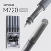 A silver Languo M720 acrylic marker set with five pens shown in various angles.