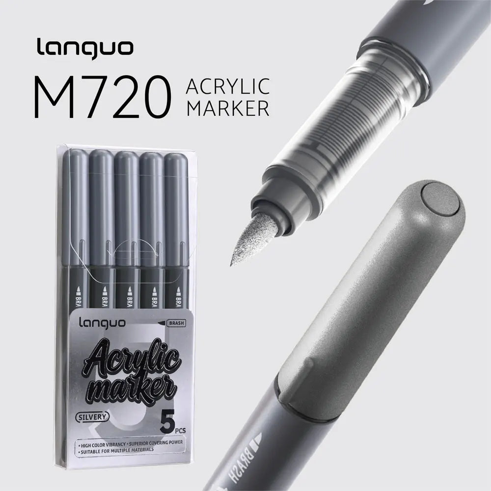 A silver Languo M720 acrylic marker set with five pens shown in various angles.