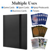 A black card binder album with multiple uses listed including game, sport, Kpop photo, business cards, and tickets.