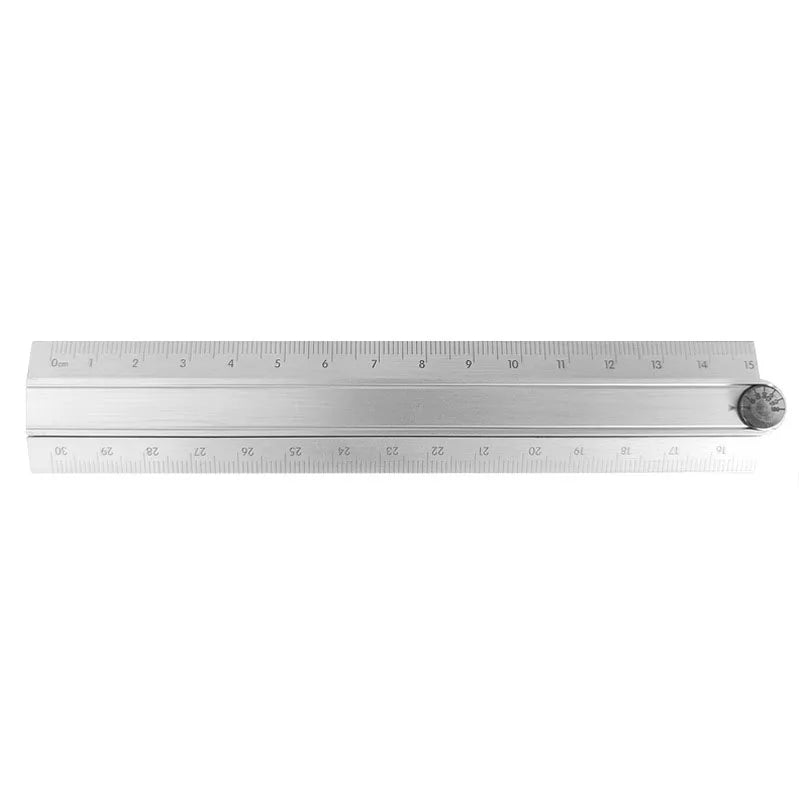 A silver aluminum folding ruler marked in centimeters, showing a scale from 0 to 15 cm.