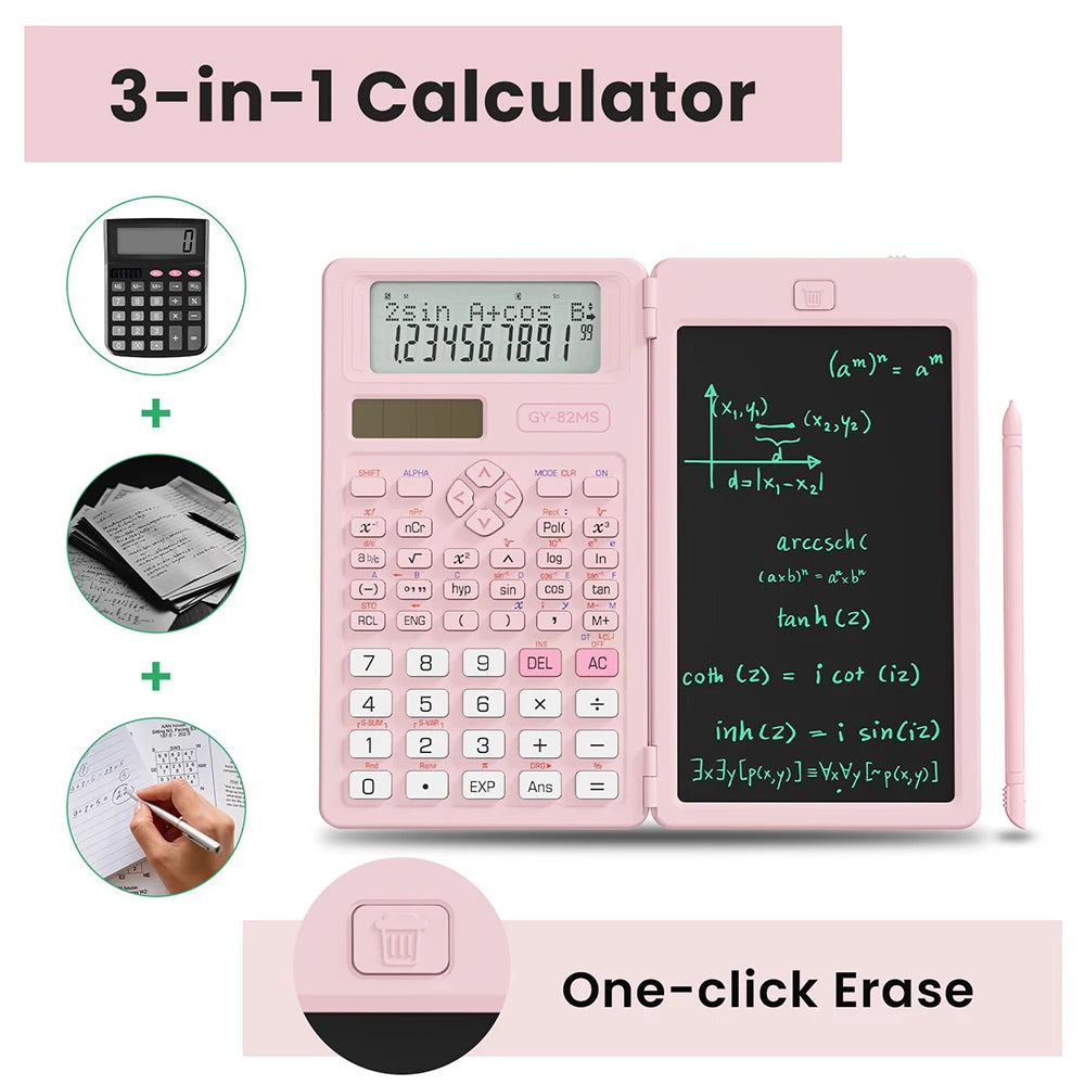 A pink 3-in-1 calculator featuring a scientific calculator, notepad, and one-click erase function.