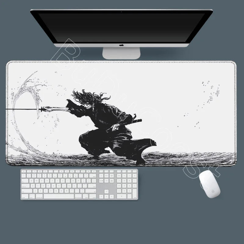 A black and white illustration of a warrior in a dynamic pose on a gaming mousepad with a computer monitor and keyboard.