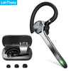 A black Bluetooth earbud case and a silver earbud with a black carrying loop.
