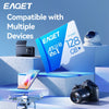 بطاقة زرقاء تحمل علامة EAGET متوافقة مع أجهزة متعددة موضوعة بجوار كاميرا وطائرة بدون طيار على سطح أزرق فاتح.