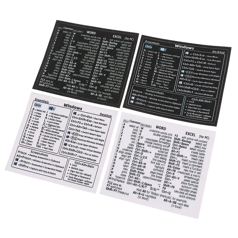 A set of sticky notes showing Windows shortcut keys and keyboard commands for quick reference