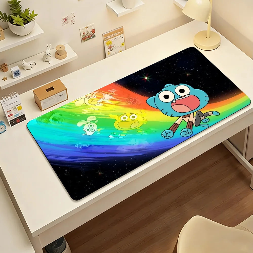 A cartoon mouse design on a dark space background printed on a mouse pad.