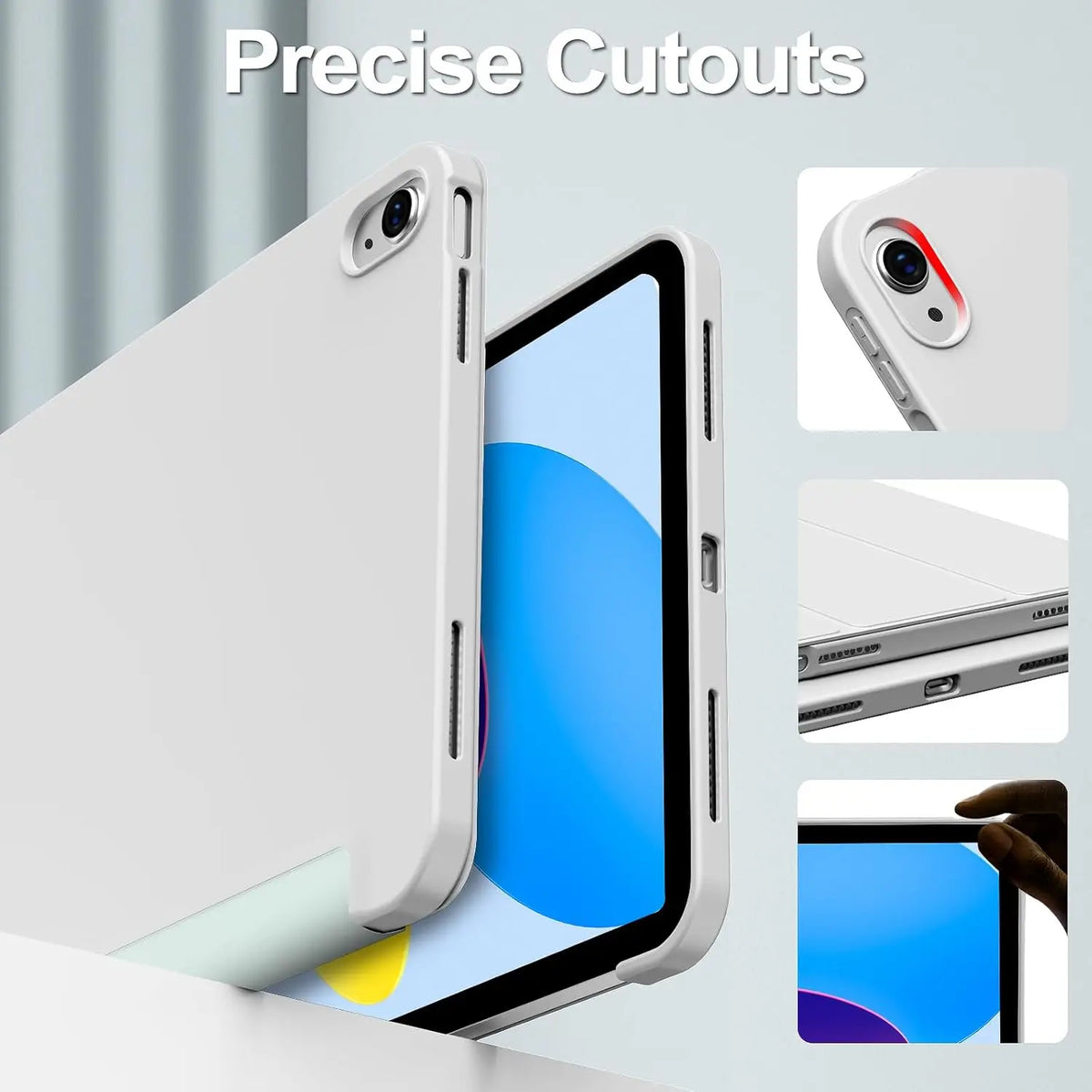A white magnetic tri-fold stand cover for an iPad, showing various precise cutouts and angles.