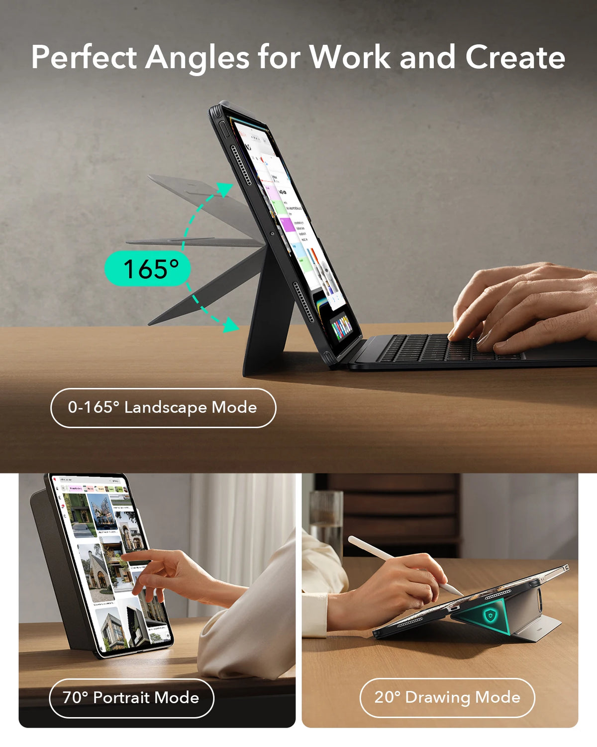 Un iPad Pro o Air en un soporte con fundas de teclado magnéticas demostrando modos horizontal y vertical.