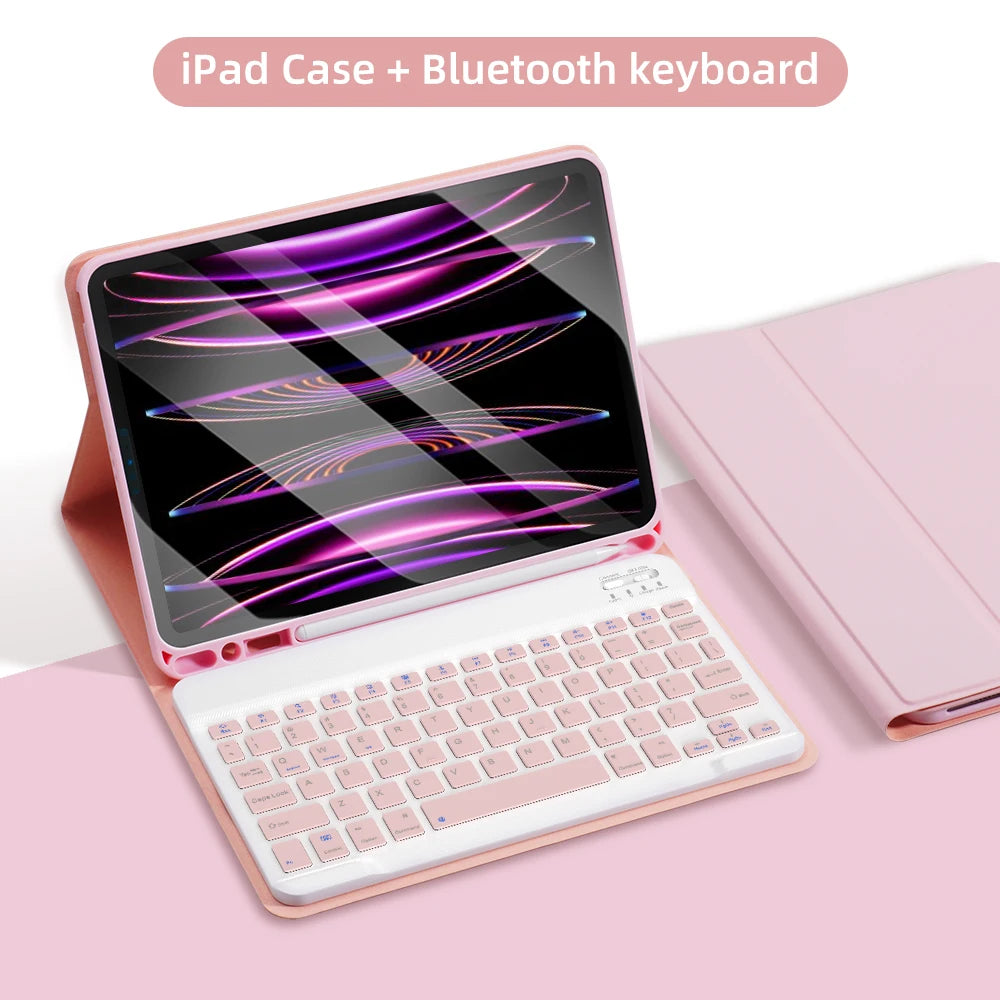 A pink iPad case with a Bluetooth keyboard is shown open, displaying a colorful graphic on the screen.